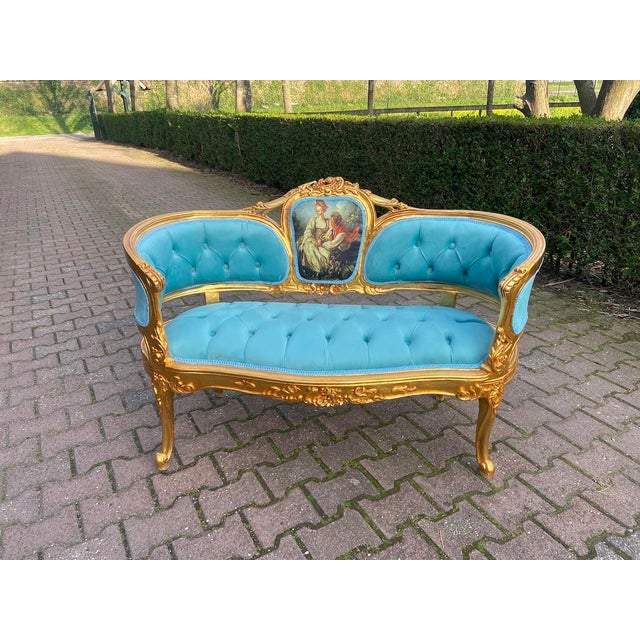 1970 French Louis XVI Gold Beech Velvet Settee - 1 Pc For Sale - Image 11 of 15