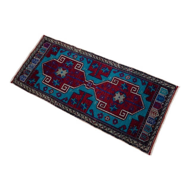 Hand Knotted Oushak Rug Low Pile Faded Entryway Mat Small Rug Yastik - 20'' X 44'' For Sale
