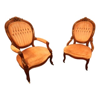 Early 20th Century French Rococo Revival "Gentleman and Lady's" Chairs - Set of 2 For Sale