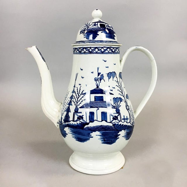 Late 18th Century Late 18th Century Staffordshire Pearlware Chinoiserie Coffee Pot, Blue and White, Chinese House Pattern For Sale - Image 5 of 6