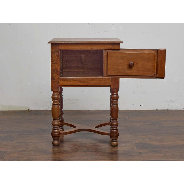 French Provincial 19th Century French Walnut Side Table With Sliding Door and Turned Legs For Sale - Image 3 of 12