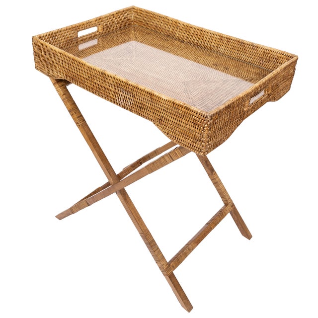Artifacts Rattan Butler Tray Table 25.5" with Glass Insert, Honey Brown For Sale - Image 4 of 5