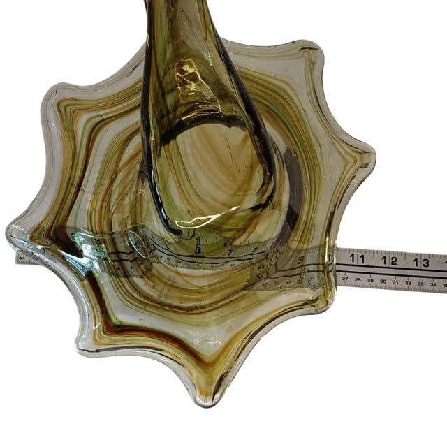 Large Art Glass Swan Vase Green Brown Swirl Handblown Mid-Century Modern Sooner Glass For Sale - Image 15 of 16