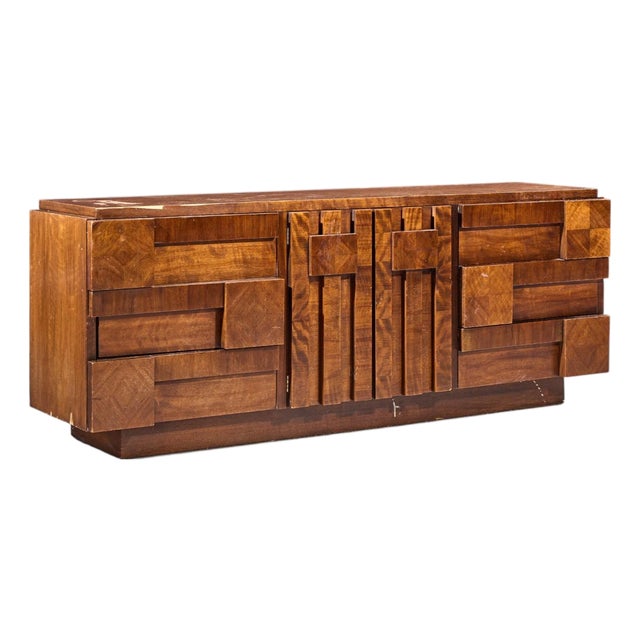 Lane Staccato Mid Century Walnut Brutalist Lowboy Dresser For Sale