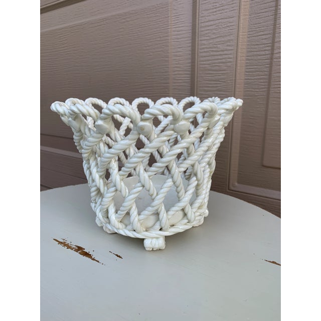 French Country 1960s French Country White Ceramic Woven Rope Cachepot Basket For Sale - Image 3 of 10
