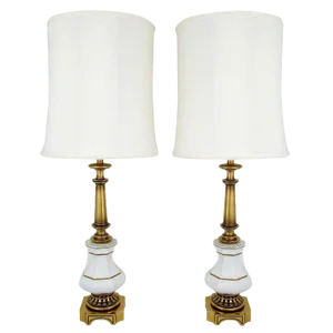 Tall Stiffel Brass & White Porcelain Lamps - a Pair