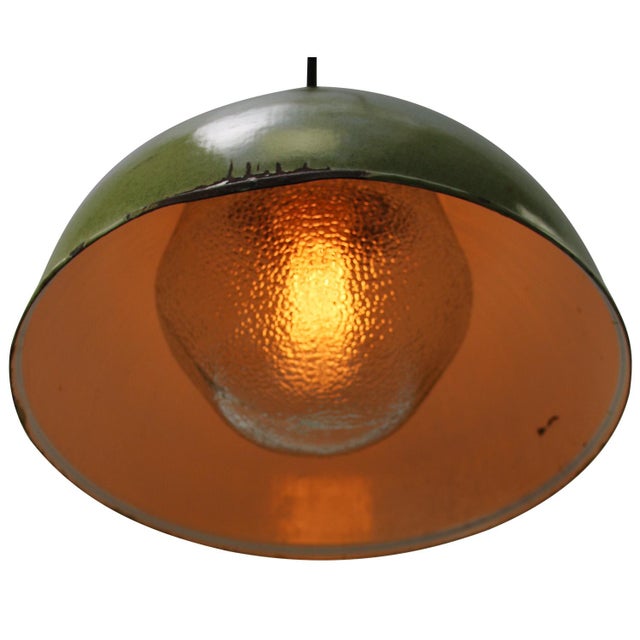 Mid-Century Modern Vintage Brass and Enamel Pendant Light with Frosted Glass For Sale - Image 3 of 8