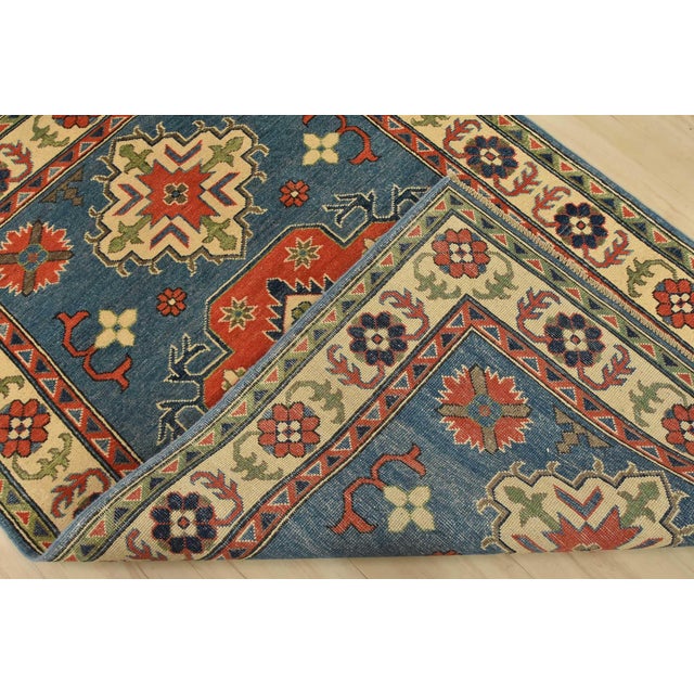 Kazak Rug 4′ X 5’11” Blue Wool Tribal Hand-Knotted Oriental Carpet For Sale - Image 11 of 12