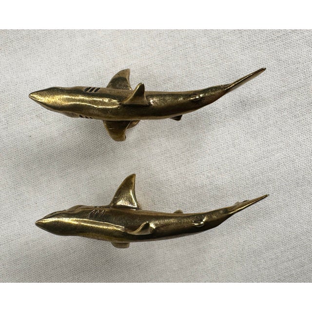 Hollywood Regency Vintage Small Coastal Solid Brass Shark Cabinetry Hardware Knobs/Pulls For Sale - Image 3 of 8
