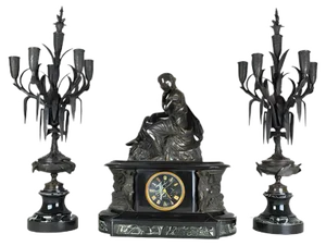 19th Century Bronze and Marble Clock and Candleholders by James Pradier, Set of 3