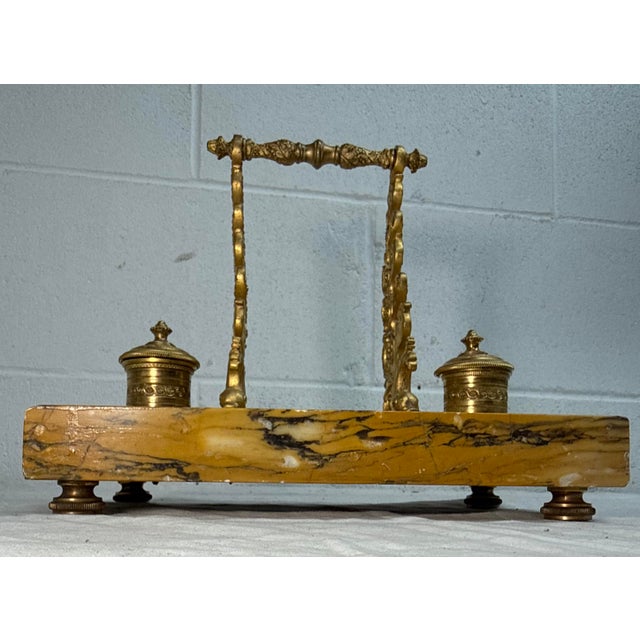 Antique French Siena Marble Bronze Dual Dolphin Empire Statue Desk Inkwell Stand For Sale - Image 9 of 14