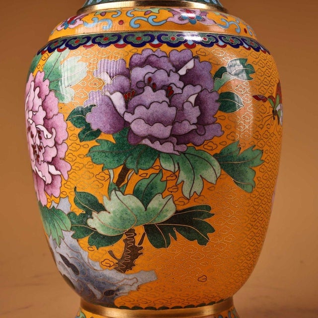 Metal Vintage Chinese Gilt Cloisonné Peony Vase (Jingtai Lan) - 1300g For Sale - Image 7 of 9