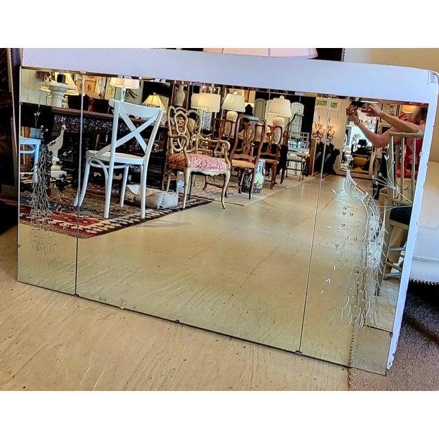Traditional Monumental Vintage 3 Panel Horizontal Mirror With Etched Peacocks For Sale - Image 3 of 12
