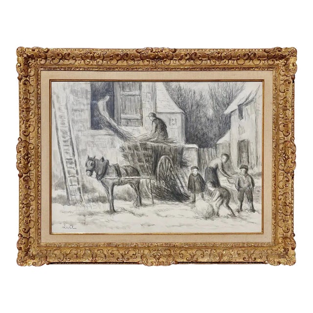 Late 19th Century Large Maximilien Luce Farm Scene Mixed Media Drawing For Sale