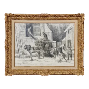 Late 19th Century Large Maximilien Luce Farm Scene Mixed Media Drawing