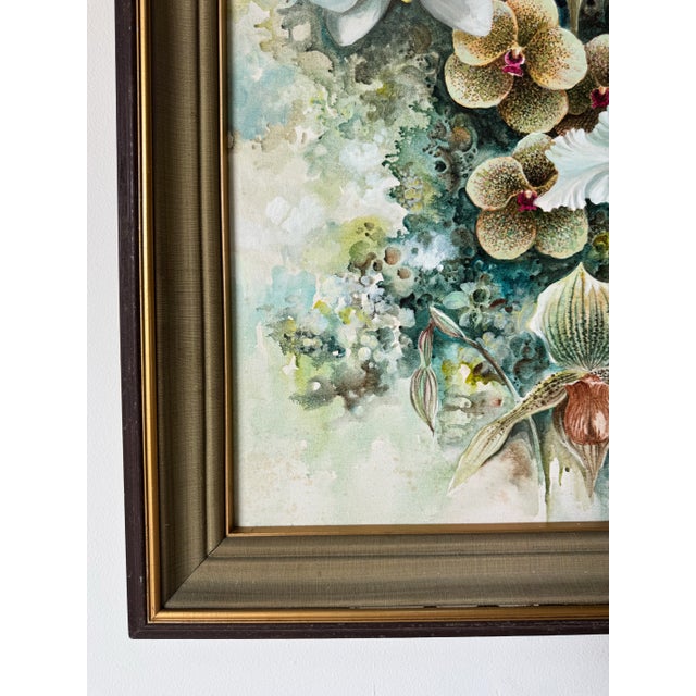 Wood 1970’s Vintage Tropical Botanical Orchid Landscape Oil on Canvas Painting, Framed For Sale - Image 7 of 12