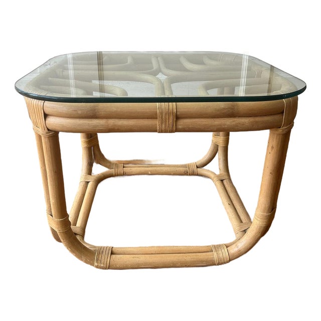 1960s Brown Jordan Rattan Fretwork Square Side Table For Sale