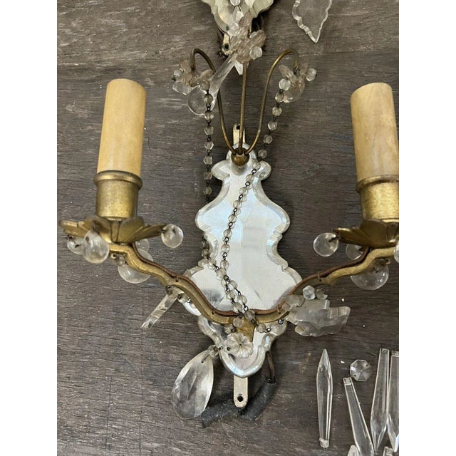 1920's e.f. Caldwell Regency Beveled Mirror Cut Crystal Back Bronze Wall Sconces Set of 3 For Sale - Image 10 of 12