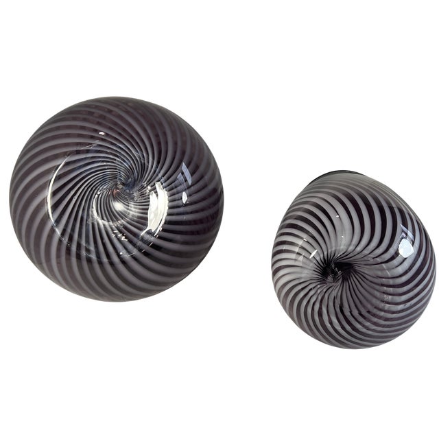 24 + In. Murano Style Purple White Applied Black Swirl Bulbous Art Glass Vase Set of 2 For Sale - Image 14 of 14