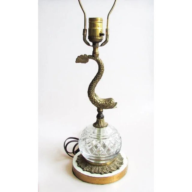 Vintage Brass Dolphin Form Lamps With Glass Fonts, Rewired - a Pair For Sale - Image 11 of 12
