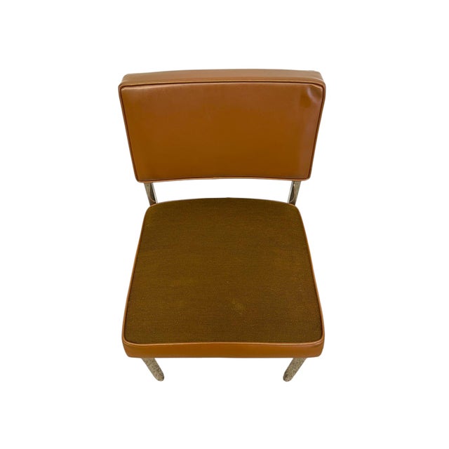 Vintage Industrial Steel Toned Dining Chair - Brown Seat & Brown Vinyl Like Back For Sale In Seattle - Image 6 of 9
