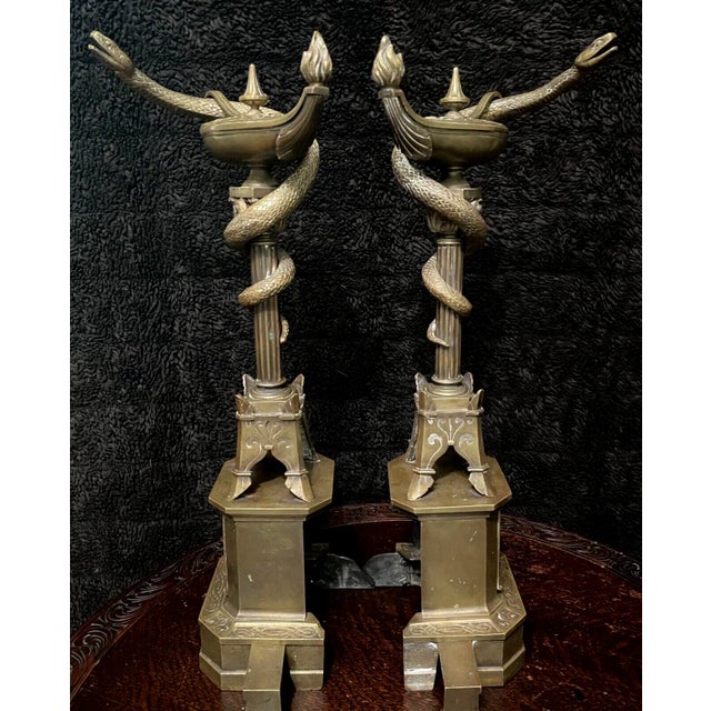 1800s Bronze Neo-Grecian Andirons With Mystical Lamp of Wisdom and Entwined Snakes Serpents - 3 Pieces For Sale - Image 4 of 10