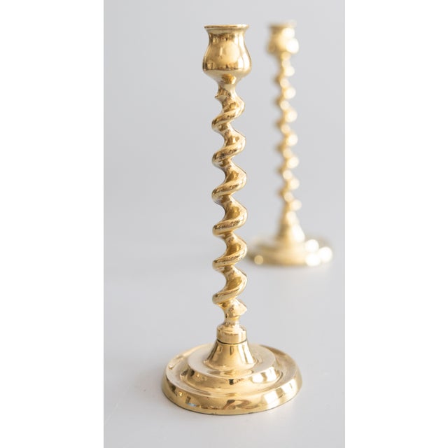 English Antique English Brass Barley Twist Candlesticks - A Pair For Sale - Image 3 of 8