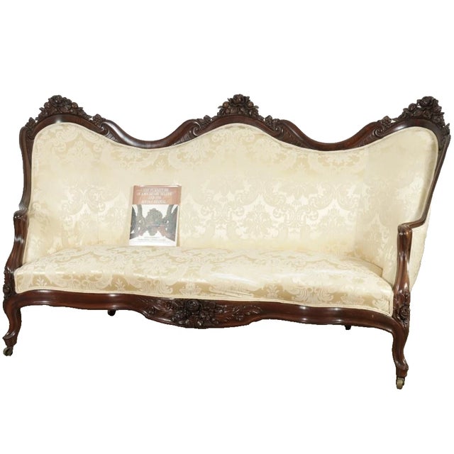 Store Item: Antique JOHN HENRY BELTER ROCOCO REVIVAL LAMINATED ROSEWOOD SOFA Scalamandre Silk Fabric Description: Mid 19th...