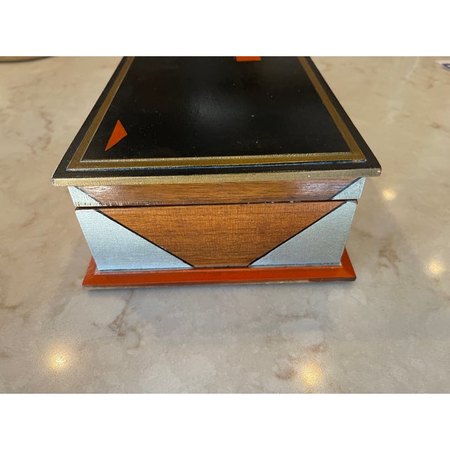 1930s 1930s Paul Frankl Style Art Deco Lidded Hand-Painted Geometric Cigar Box Jewelry Box For Sale - Image 5 of 8