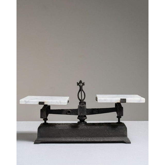 Circa 1900 French Black Cast Iron and White Marble Balance Scale With Scrolled Column For Sale In Greensboro - Image 6 of 7