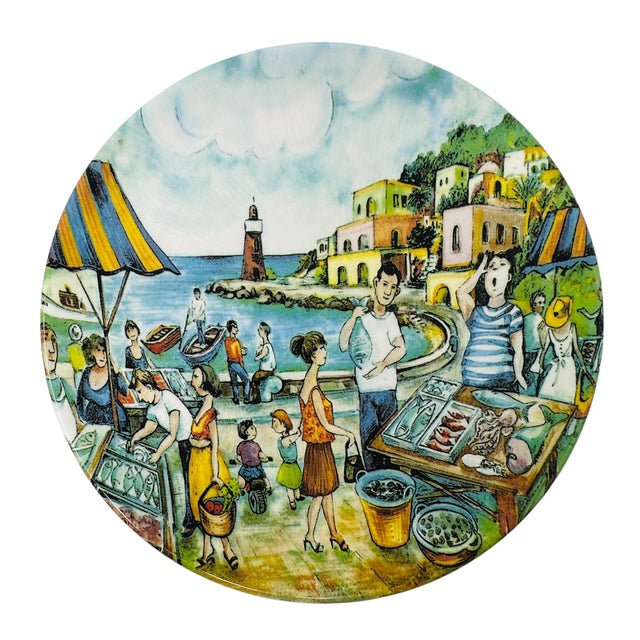 1980s Vintage Brunelli Designs Made in Italy Folk Art Market Scene Ceramic Salad Plates - Set of 6 For Sale - Image 14 of 18