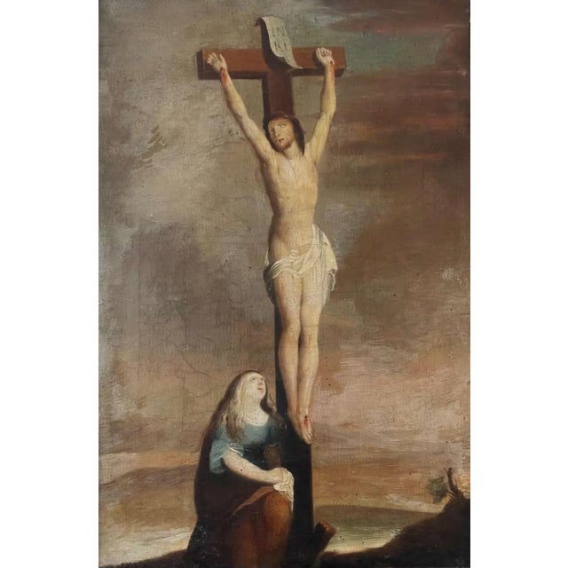 The present work depicts the crucified Christ in a frontal pose on the cross, with bloodied wounds at the hands and feet,...