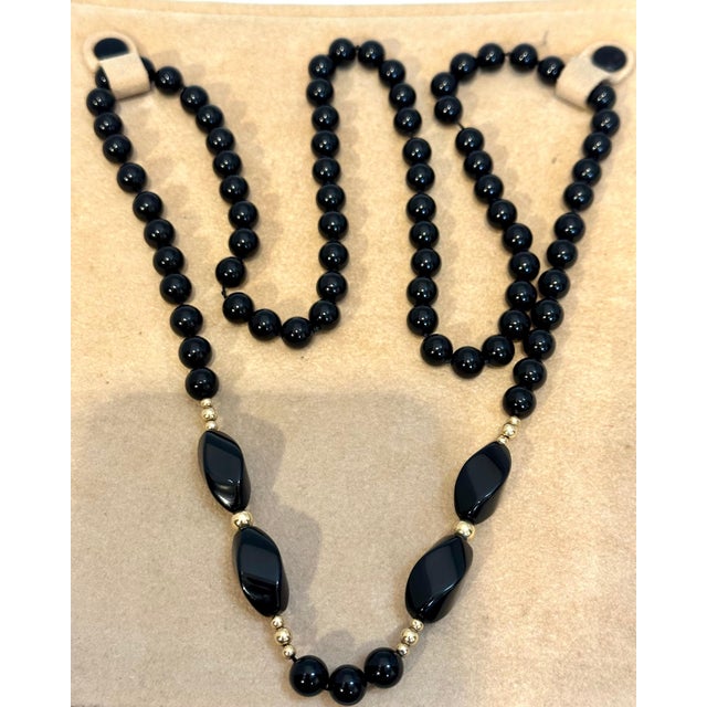 Round 8 MM Bead Black Onyx & 14 Karat Gold Bead Necklace 32 Inch Long For Sale - Image 17 of 18