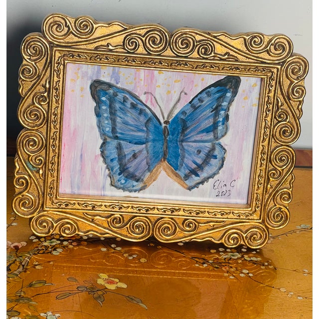 Abstract Modern Blue Butterfly Painting in Ornate Gold Frame For Sale - Image 4 of 5