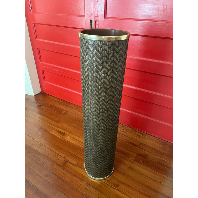 Metal 1960s Mid-Century Modern Brown Woven Cylinder Floor Planter For Sale - Image 7 of 7