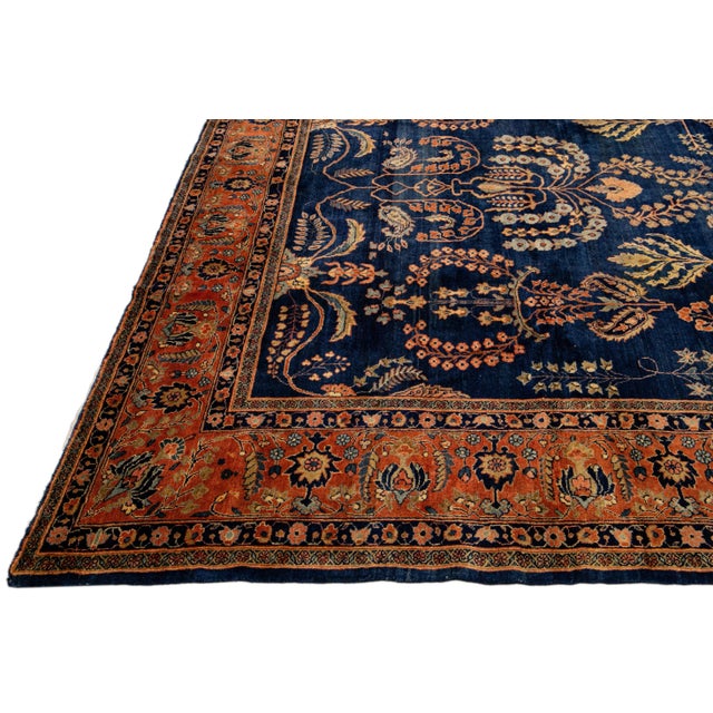 Antique Persian Sarouk Farahan Handmade Allover Designed Navy Blue Wool Rug For Sale - Image 4 of 11
