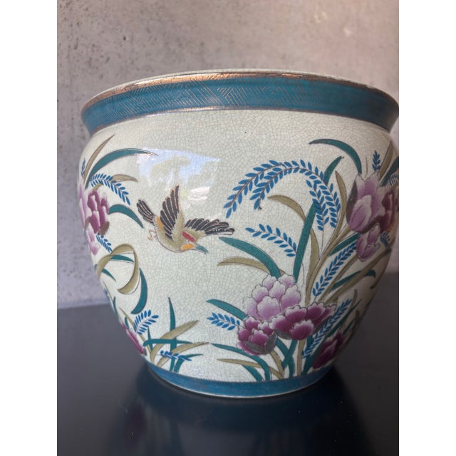 Vintage Chinese Chinoiserie Peony & Koi Porcelain Planter For Sale In Miami - Image 6 of 8