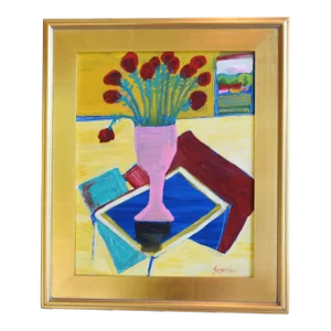 Original Juan "Pepe" Maldonado Guzman (1948-2022) Red Flowers in Pink Vase on Blue Table Oil Painting Including the Antiqued Gold Wood Frame