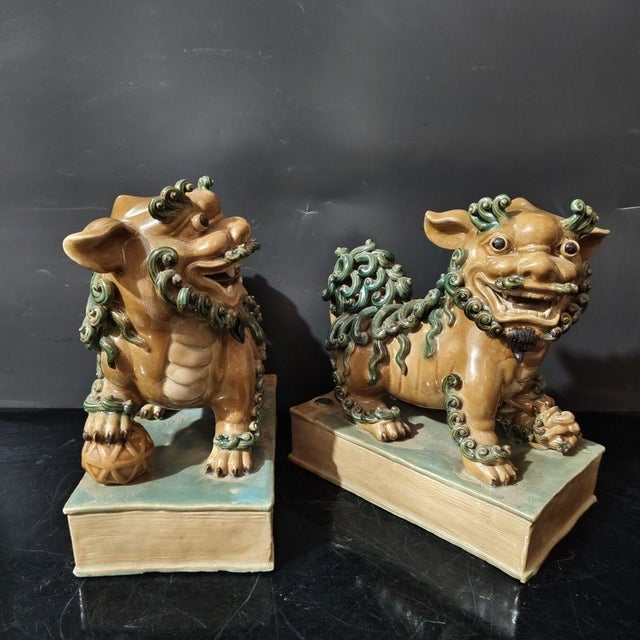 Art Deco Vintage Shiwan Kiln Amber Glazed Foo Dogs on Pedestals - A Pair For Sale - Image 3 of 9