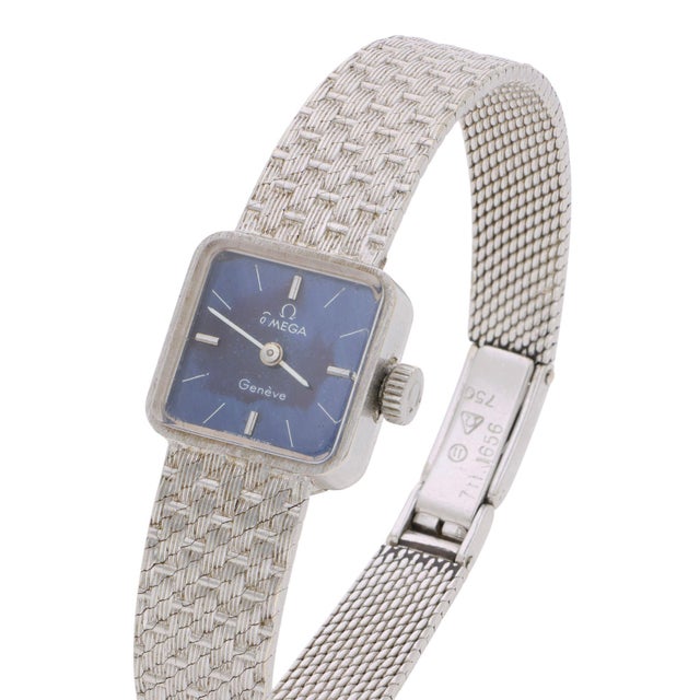 Omega Vintage Omega Geneve Ladies 18k White Gold Blue Dial Square Mesh Bracelet Watch For Sale - Image 4 of 15