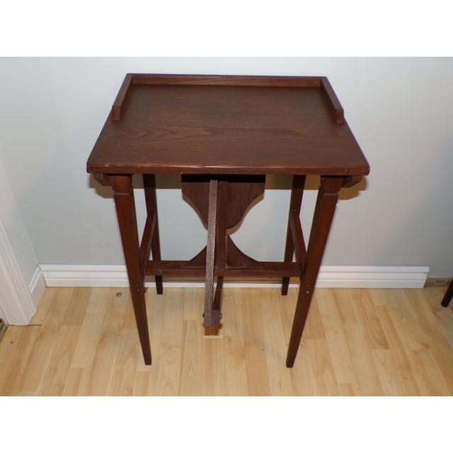 Mission Vintage Mission Solid Oak Telephone Stand Childs Desk Integrated Fold Out Stool For Sale - Image 3 of 15