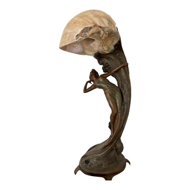 Early 20th Century Art Nouveau Mermaid Lamp With Conch Shell Lamp For Sale