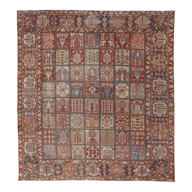 Square Size Persian Large Bakhtiari Rug With All-Over Garden Design in Muted Colors For Sale