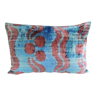 Ikat Blue and Pink Decorative Bolster Pillow For Sale