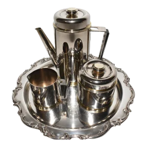 Antique Stainless Coffee Set With Silverplate Tray Coffee Pot Lidded Sugar Bowl & Creamer Set- 3 Pieces