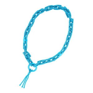 Teal Blue Turquoise Round Fancy Beads Long Tie Unique Tassel Statement Necklace