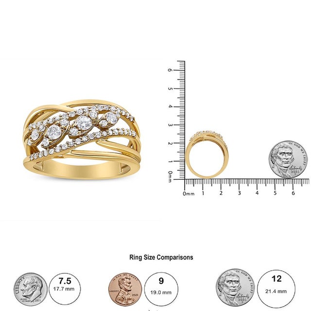 10K Yellow Gold 1/2 Cttw Round-Cut Multi Row Diamond Split Shank Cocktail Ring (H-I Color, SI2-I1 Clarity) - Size 10 For Sale In New York - Image 6 of 6