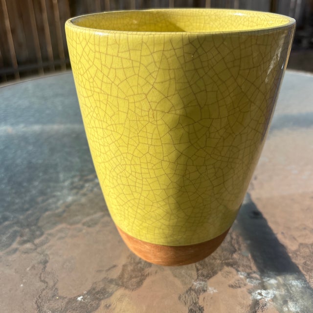 Barbara Willis Yellow Vase with Bird on Front and Crackle Background. She was a potter in the 1940's and 1950's and...