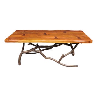 Mid-Century Live Edge Wood Coffee Table With Sculptural Iron Branch Base For Sale