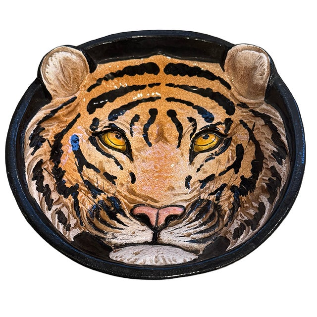 Hollywood Regency Vintage Italian Taste Setter Sigma Hand-Painted Tiger Face Ceramic Bowl/Sculptural Dish For Sale - Image 3 of 10
